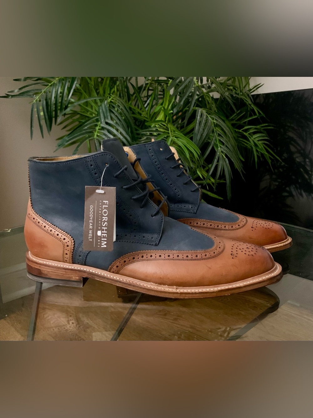 Florsheim Two-Tone Navy and Brown Chukka Wingtip Boots